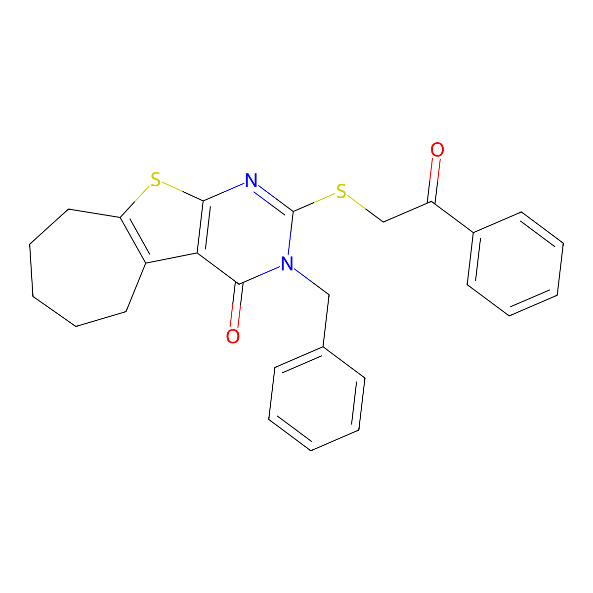 3-benzyl-2-[(2-oxo-2-phenylethyl)sulfanyl]-3,5,6,7,8,9-hexahydro-4H-cyclohepta[4,5]thieno[2,3-d]pyrimidin-4-one molecular structure, CAS 351162-34-0