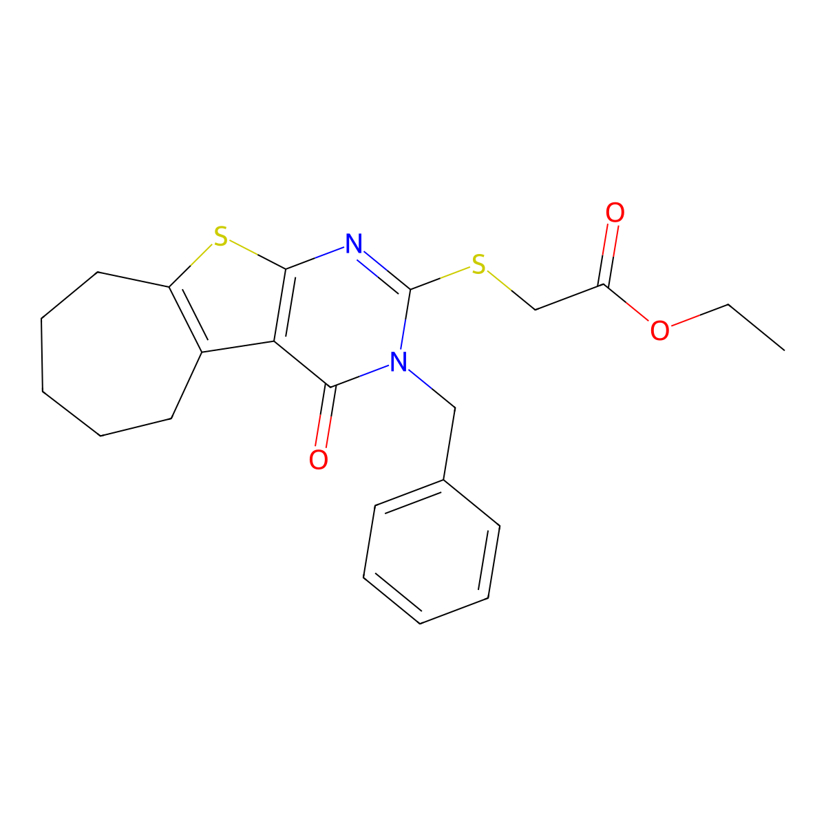 ethyl 2-((3-benzyl-4-oxo-4,5,6,7,8,9-hexahydro-3H-cyclohepta[4,5]thieno[2,3-d]pyrimidin-2-yl)thio)acetate molecular structure, CAS 351162-37-3