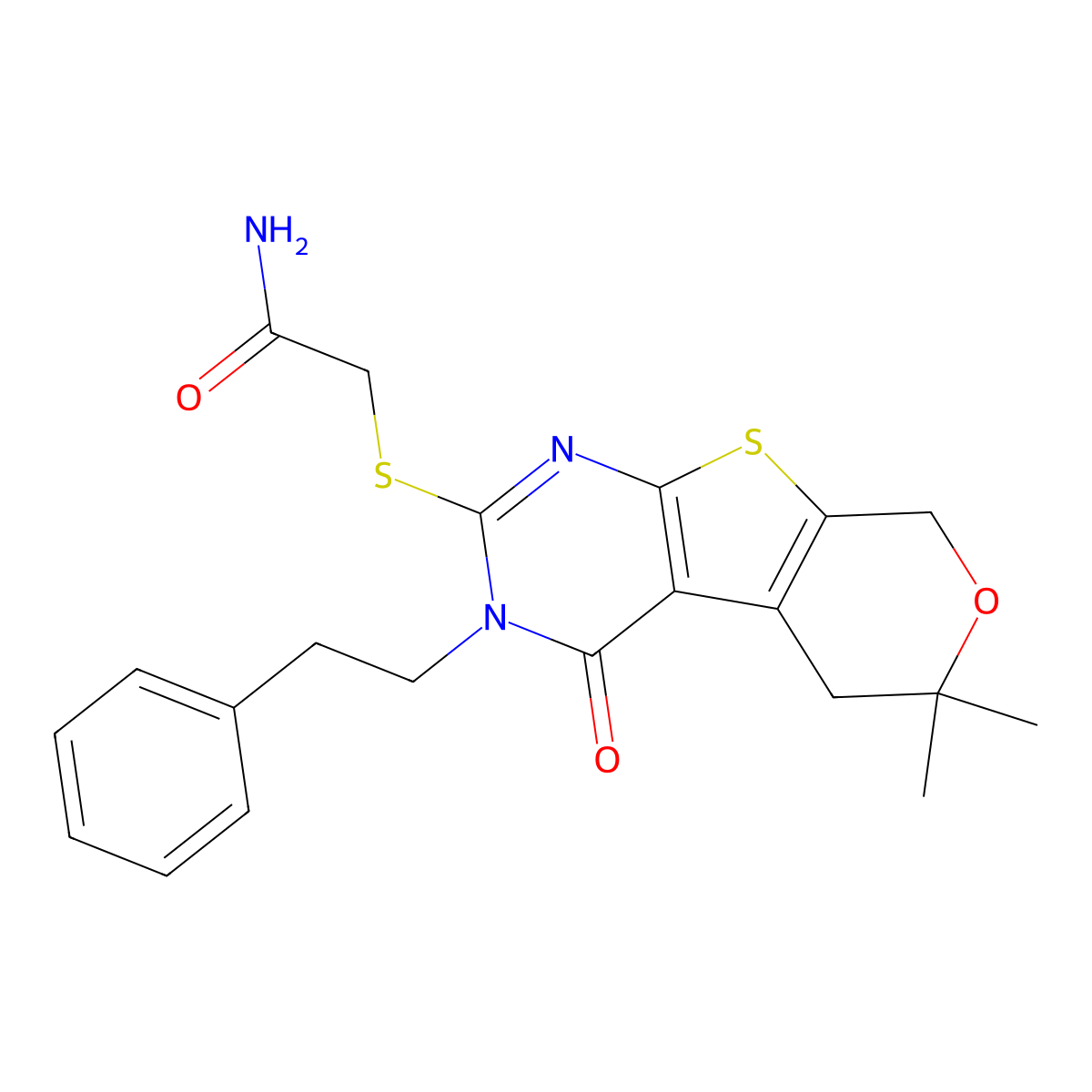2-{[6,6-dimethyl-4-oxo-3-(2-phenylethyl)-3,5,6,8-tetrahydro-4H-pyrano[4',3':4,5]thieno[2,3-d]pyrimidin-2-yl]sulfanyl}acetamide molecular structure, CAS 351162-47-5