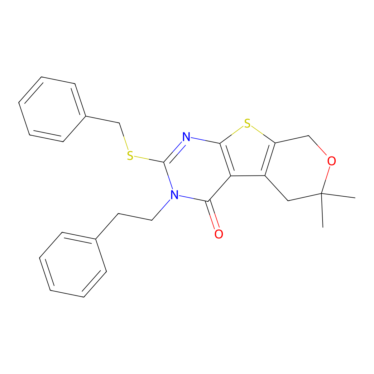 2-(benzylsulfanyl)-6,6-dimethyl-3-(2-phenylethyl)-3,5,6,8-tetrahydro-4H-pyrano[4',3':4,5]thieno[2,3-d]pyrimidin-4-one molecular structure, CAS 351162-50-0