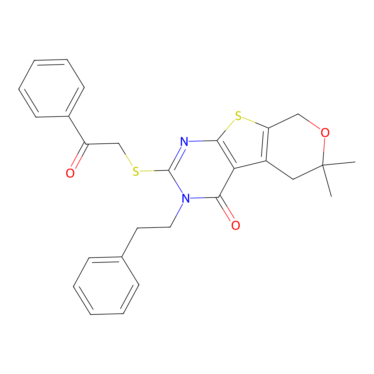 6,6-Dimethyl-2-phenacylsulfanyl-3-(2-phenylethyl)-5,8-dihydropyrano[2,3]thieno[2,4-b]pyrimidin-4-one molecular structure, CAS 351162-52-2