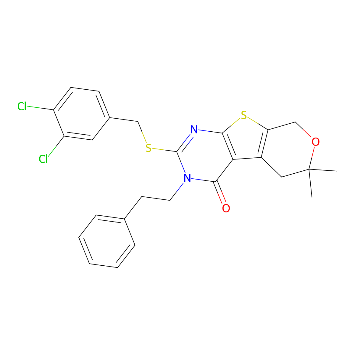 2-[(3,4-dichlorobenzyl)sulfanyl]-6,6-dimethyl-3-(2-phenylethyl)-3,5,6,8-tetrahydro-4H-pyrano[4',3':4,5]thieno[2,3-d]pyrimidin-4-one molecular structure, CAS 351162-55-5