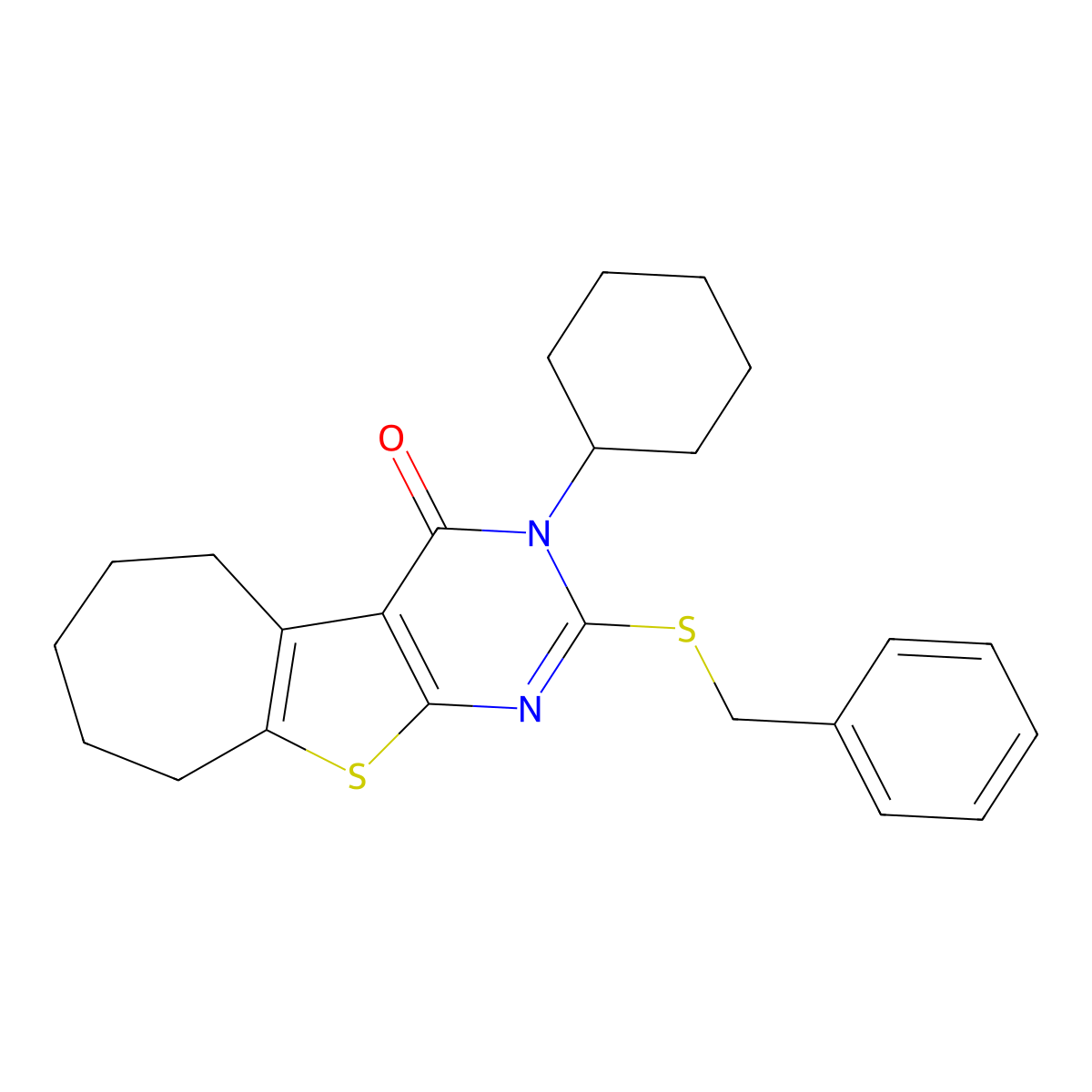 2-(benzylsulfanyl)-3-cyclohexyl-3,5,6,7,8,9-hexahydro-4H-cyclohepta[4,5]thieno[2,3-d]pyrimidin-4-one molecular structure, CAS 351162-60-2