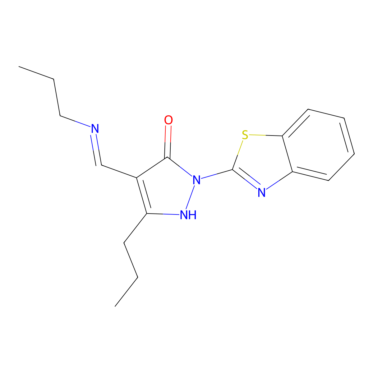 2-(1,3-benzothiazol-2-yl)-5-propyl-4-[(E)-(propylimino)methyl]-1,2-dihydro-3H-pyrazol-3-one molecular structure, CAS 351162-61-3