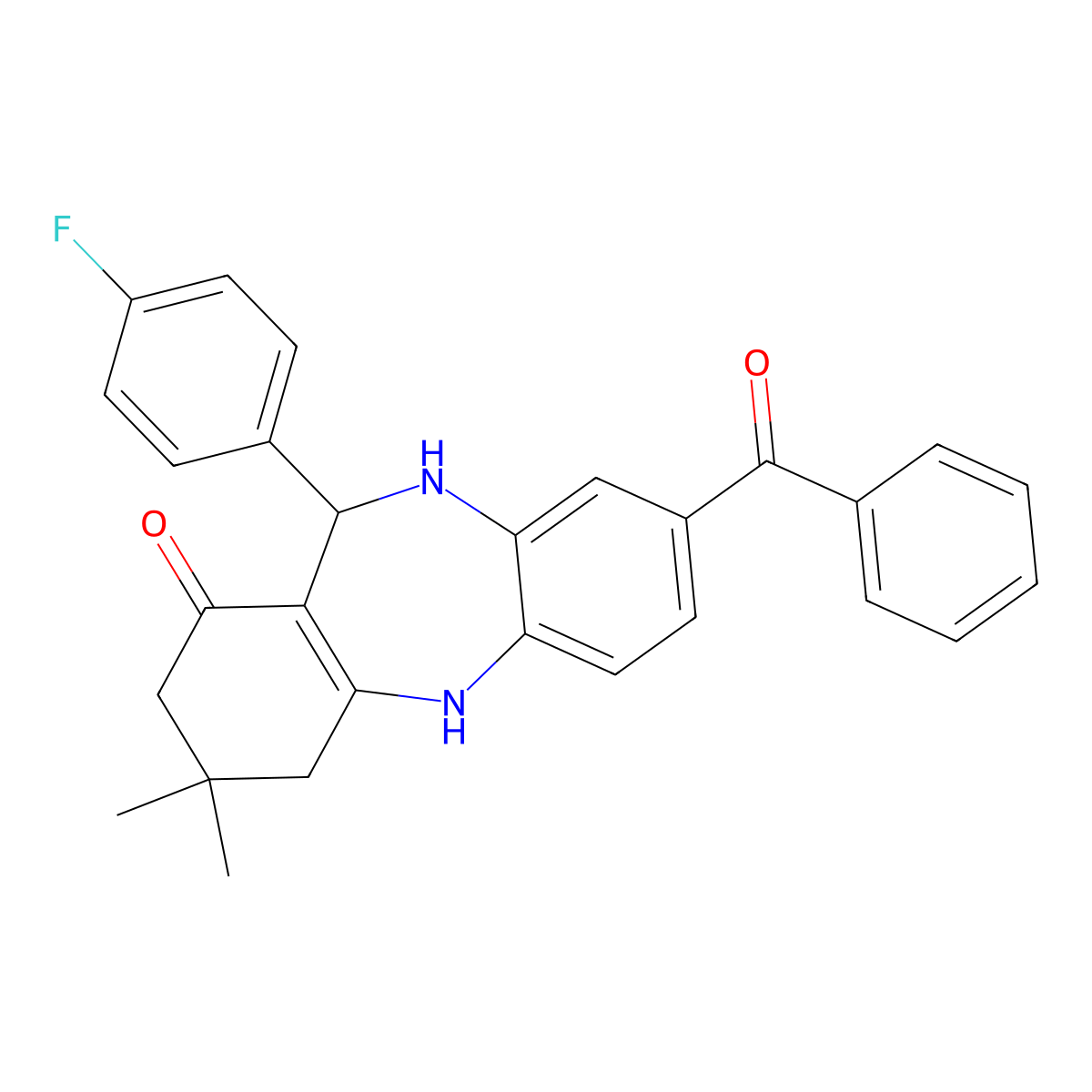 3-benzoyl-6-(4-fluorophenyl)-9,9-dimethyl-6,8,10,11-tetrahydro-5H-benzo[b][1,4]benzodiazepin-7-one molecular structure, CAS 351162-73-7