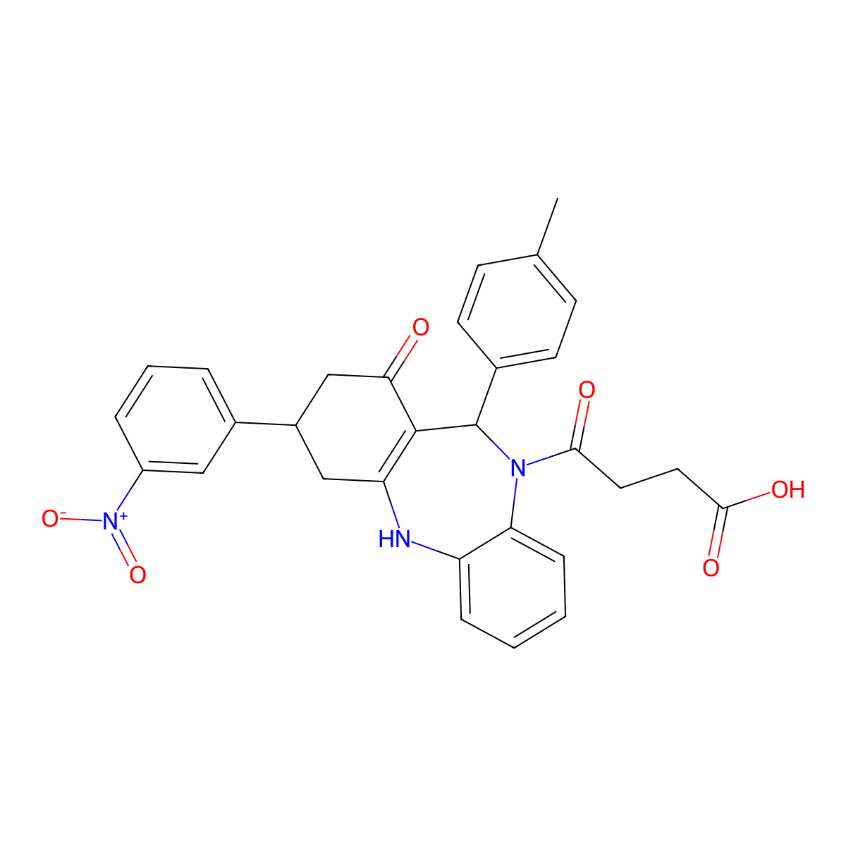 4-(3-(3-nitrophenyl)-1-oxo-11-(p-tolyl)-3,4-dihydro-1H-dibenzo[b,e][1,4]diazepin-10(2H,5H,11H)-yl)-4-oxobutanoic acid molecular structure, CAS 351162-94-2