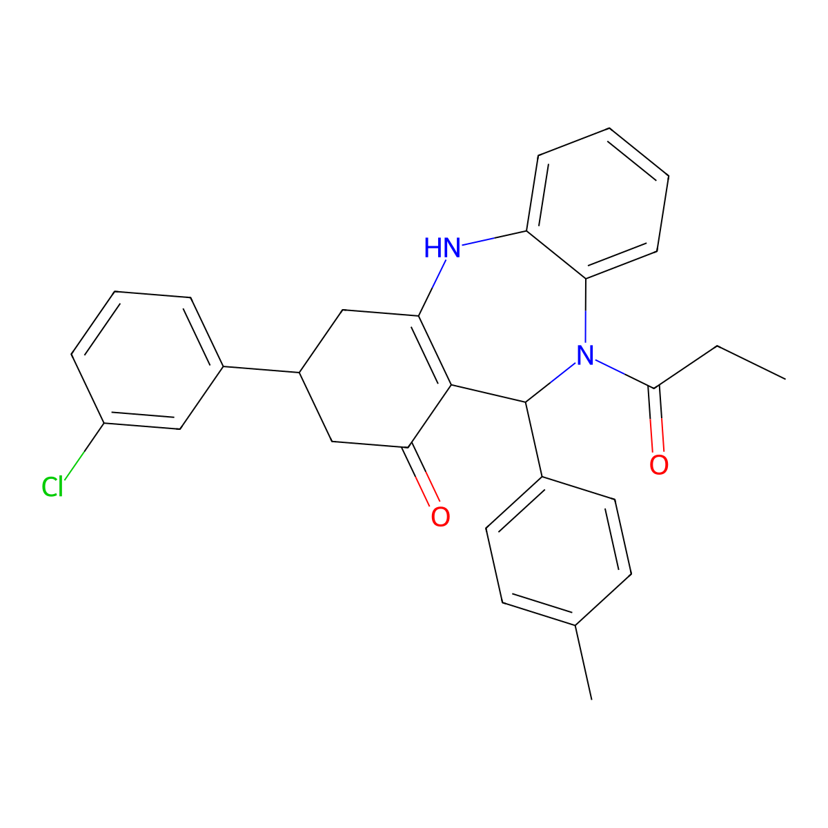 9-(3-chlorophenyl)-6-(4-methylphenyl)-5-propanoyl-8,9,10,11-tetrahydro-6H-benzo[b][1,4]benzodiazepin-7-one molecular structure, CAS 351162-96-4