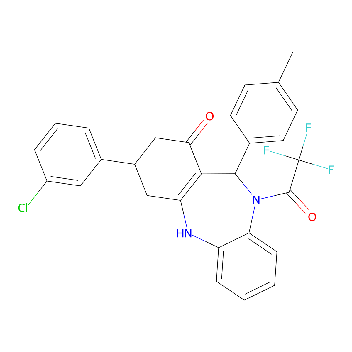 9-(3-chlorophenyl)-6-(4-methylphenyl)-5-(2,2,2-trifluoroacetyl)-8,9,10,11-tetrahydro-6H-benzo[b][1,4]benzodiazepin-7-one molecular structure, CAS 351162-98-6