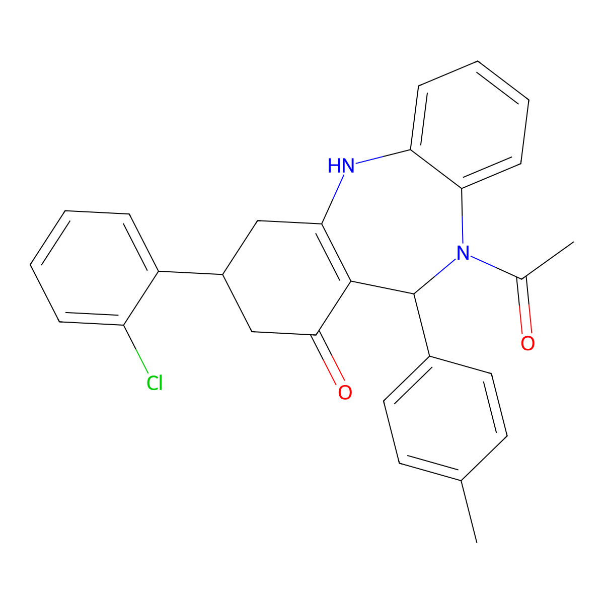 5-acetyl-9-(2-chlorophenyl)-6-(4-methylphenyl)-8,9,10,11-tetrahydro-6H-benzo[b][1,4]benzodiazepin-7-one molecular structure, CAS 351163-00-3