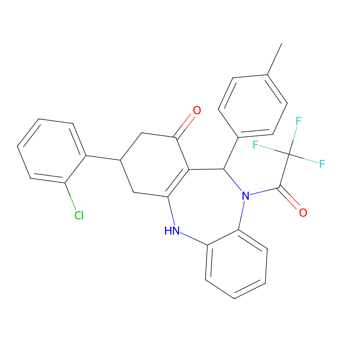 9-(2-chlorophenyl)-6-(4-methylphenyl)-5-(2,2,2-trifluoroacetyl)-8,9,10,11-tetrahydro-6H-benzo[b][1,4]benzodiazepin-7-one molecular structure, CAS 351163-01-4