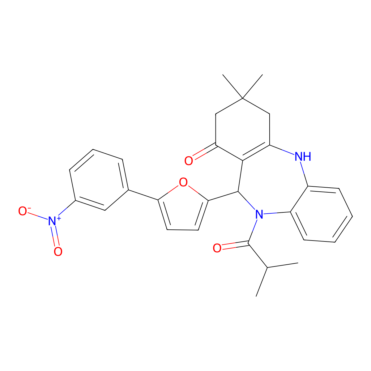 9,9-Dimethyl-5-(2-methylpropanoyl)-6-[5-(3-nitrophenyl)furan-2-yl]-6,8,10,11-tetrahydrobenzo[b][1,4]benzodiazepin-7-one molecular structure, CAS 351163-07-0