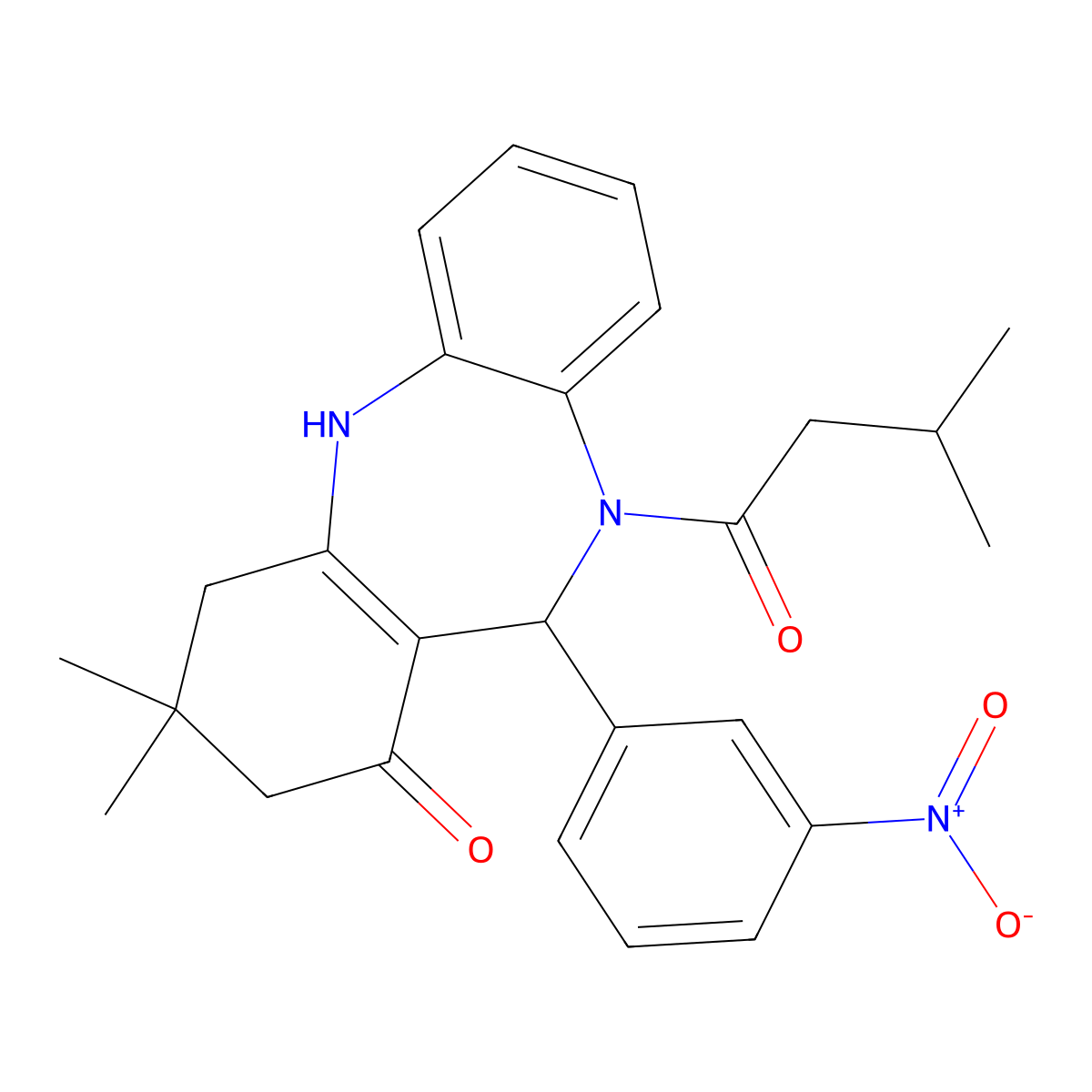 9,9-Dimethyl-5-(3-methylbutanoyl)-6-(3-nitrophenyl)-6,8,10,11-tetrahydrobenzo[b][1,4]benzodiazepin-7-one molecular structure, CAS 351163-09-2