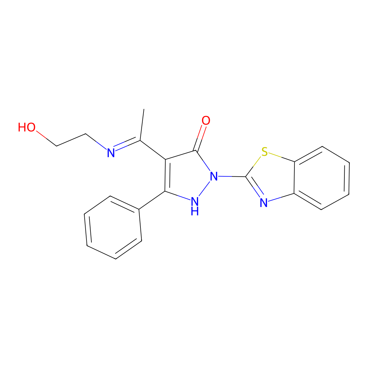 1-(1,3-benzothiazol-2-yl)-4-[(1E)-N-(2-hydroxyethyl)ethanimidoyl]-3-phenyl-1H-pyrazol-5-ol molecular structure, CAS 351163-15-0