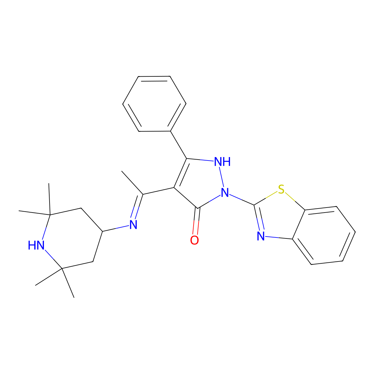2-(1,3-benzothiazol-2-yl)-5-phenyl-4-[(1E)-N-(2,2,6,6-tetramethylpiperidin-4-yl)ethanimidoyl]-1,2-dihydro-3H-pyrazol-3-one molecular structure, CAS 351163-16-1