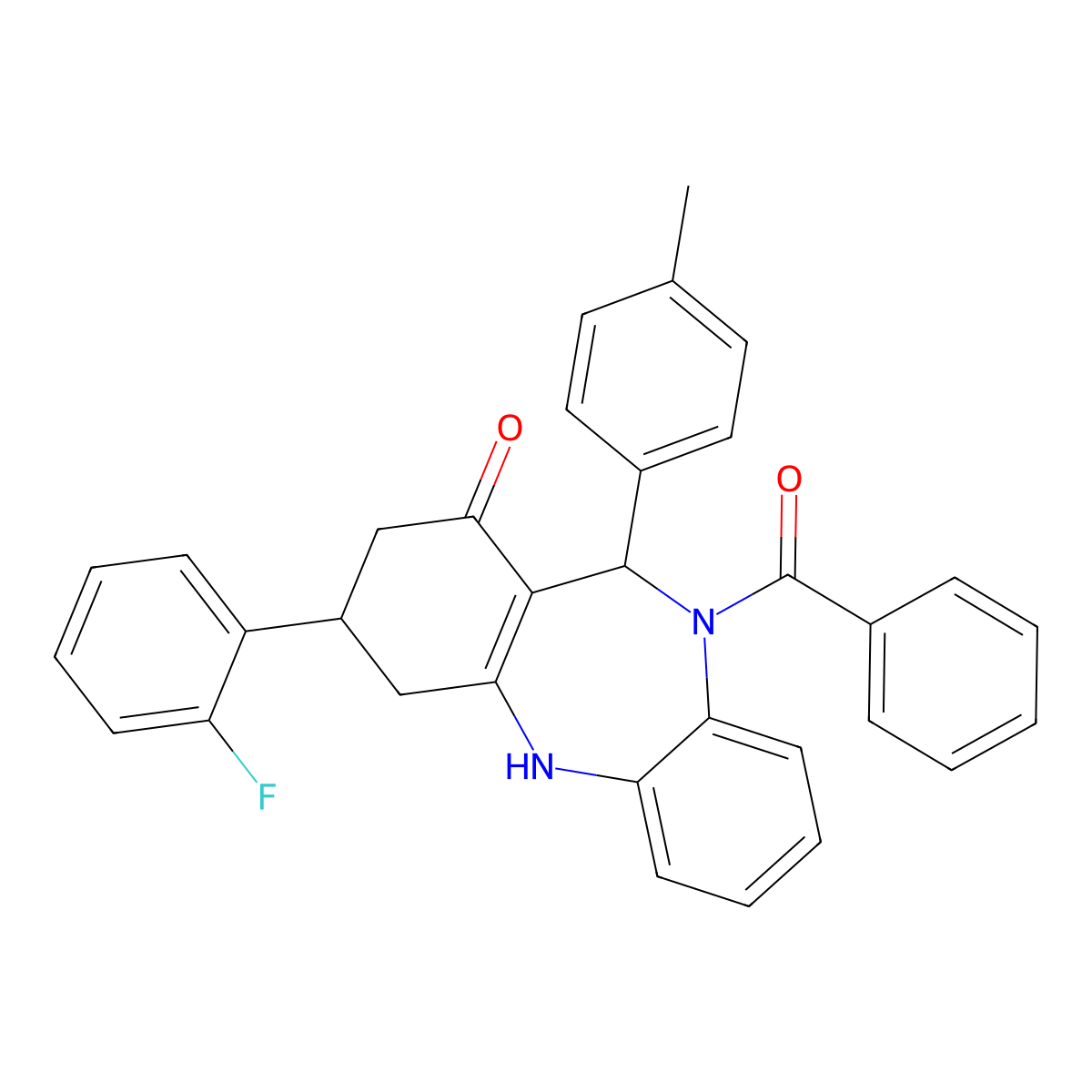 5-benzoyl-9-(2-fluorophenyl)-6-(4-methylphenyl)-8,9,10,11-tetrahydro-6H-benzo[b][1,4]benzodiazepin-7-one molecular structure, CAS 351164-45-9