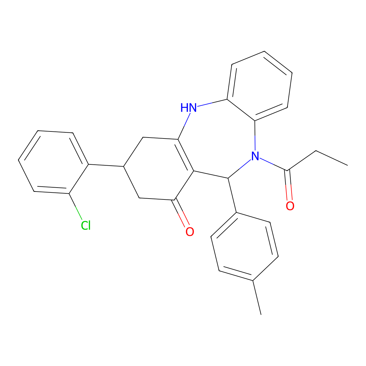 9-(2-chlorophenyl)-6-(4-methylphenyl)-5-propanoyl-8,9,10,11-tetrahydro-6H-benzo[b][1,4]benzodiazepin-7-one molecular structure, CAS 351164-46-0