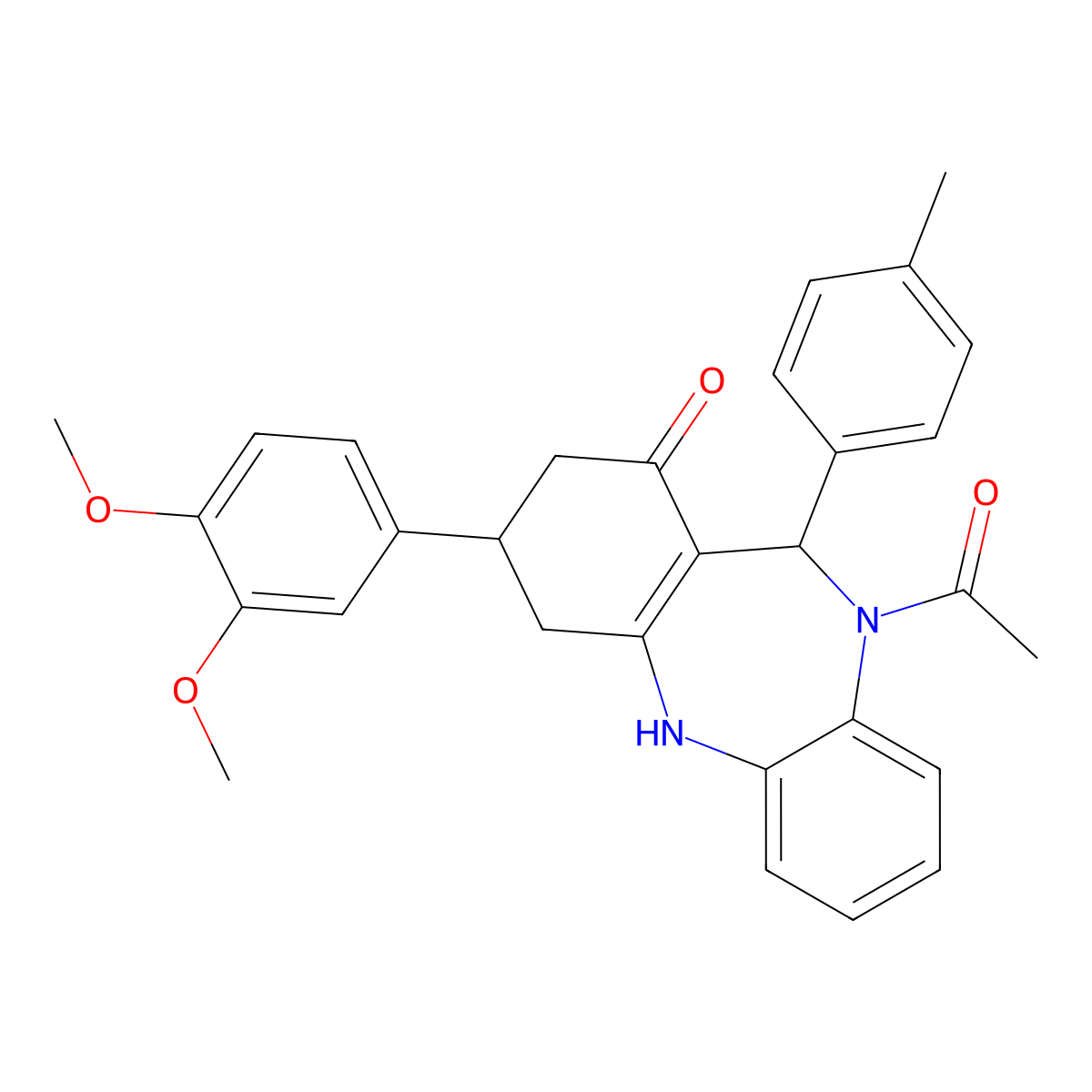 5-acetyl-9-(3,4-dimethoxyphenyl)-6-(4-methylphenyl)-8,9,10,11-tetrahydro-6H-benzo[b][1,4]benzodiazepin-7-one molecular structure, CAS 351164-49-3