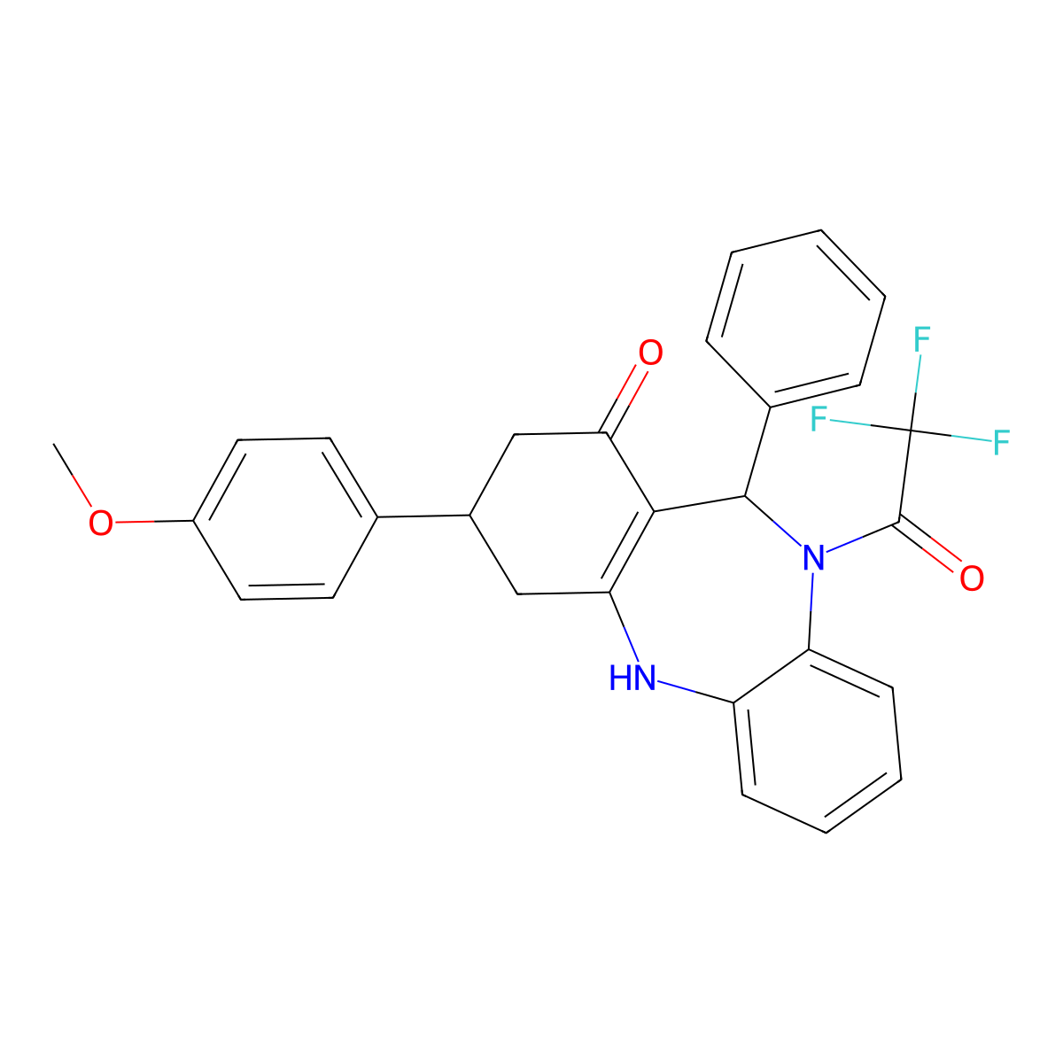9-(4-methoxyphenyl)-6-phenyl-5-(2,2,2-trifluoroacetyl)-8,9,10,11-tetrahydro-6H-benzo[b][1,4]benzodiazepin-7-one molecular structure, CAS 351164-52-8