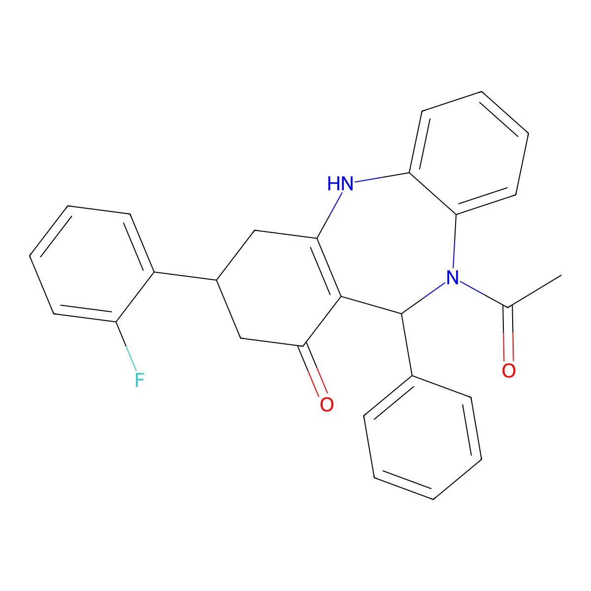 5-acetyl-9-(2-fluorophenyl)-6-phenyl-8,9,10,11-tetrahydro-6H-benzo[b][1,4]benzodiazepin-7-one molecular structure, CAS 351164-54-0