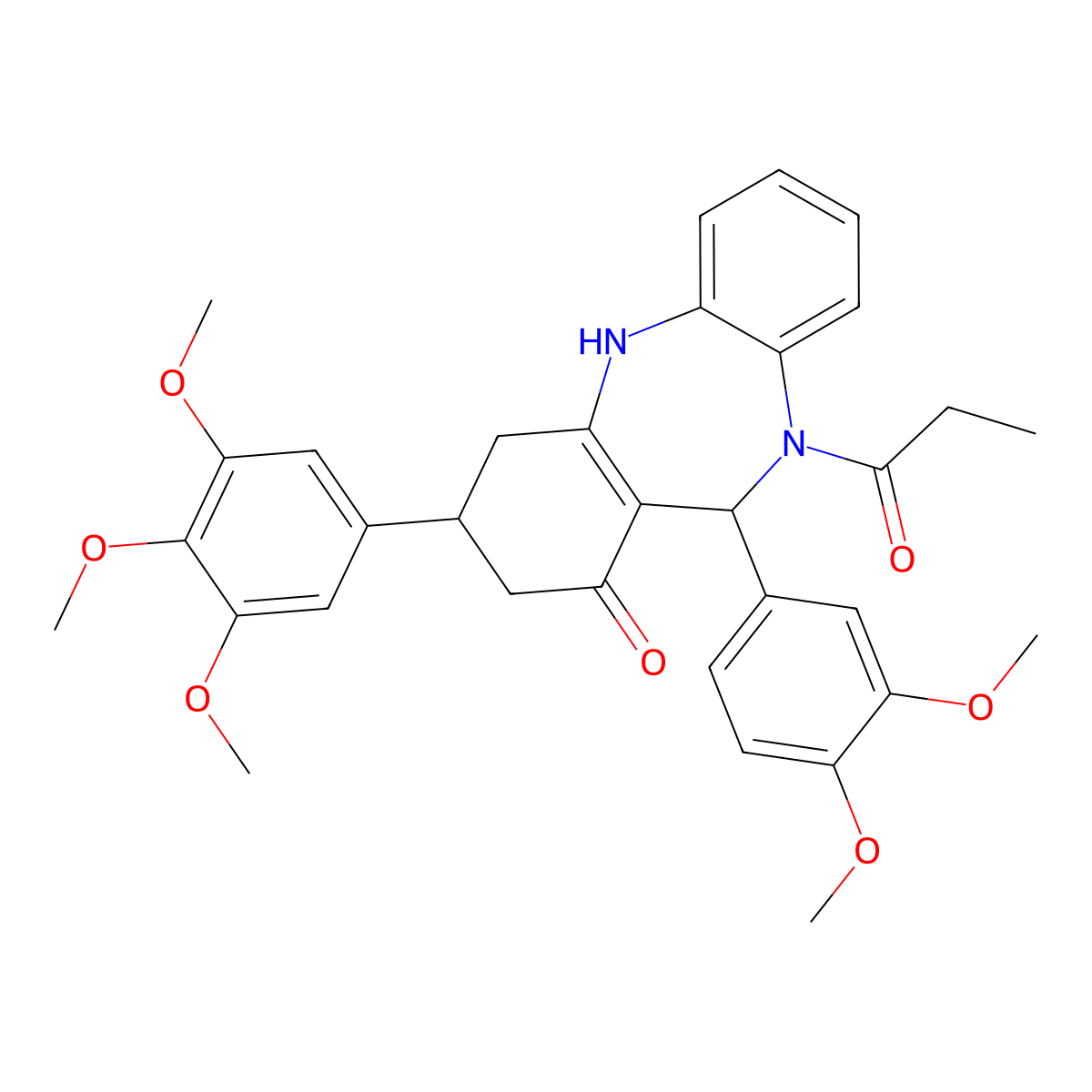 6-(3,4-dimethoxyphenyl)-5-propanoyl-9-(3,4,5-trimethoxyphenyl)-8,9,10,11-tetrahydro-6H-benzo[b][1,4]benzodiazepin-7-one molecular structure, CAS 351164-58-4