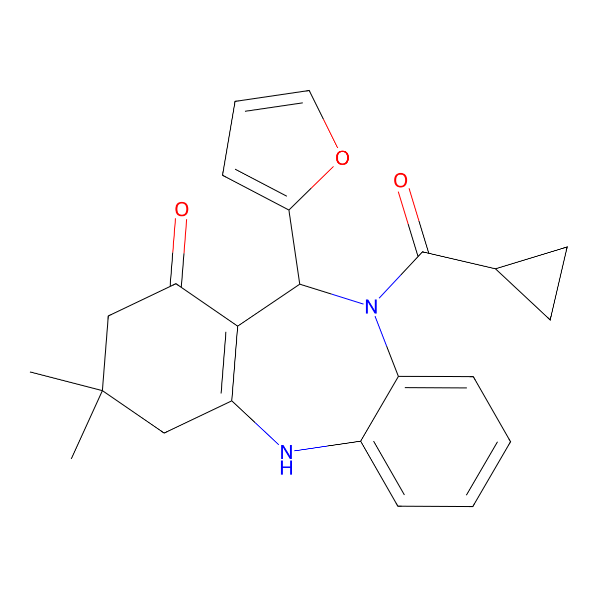 5-(Cyclopropanecarbonyl)-6-(furan-2-yl)-9,9-dimethyl-6,8,10,11-tetrahydrobenzo[b][1,4]benzodiazepin-7-one molecular structure, CAS 351164-65-3