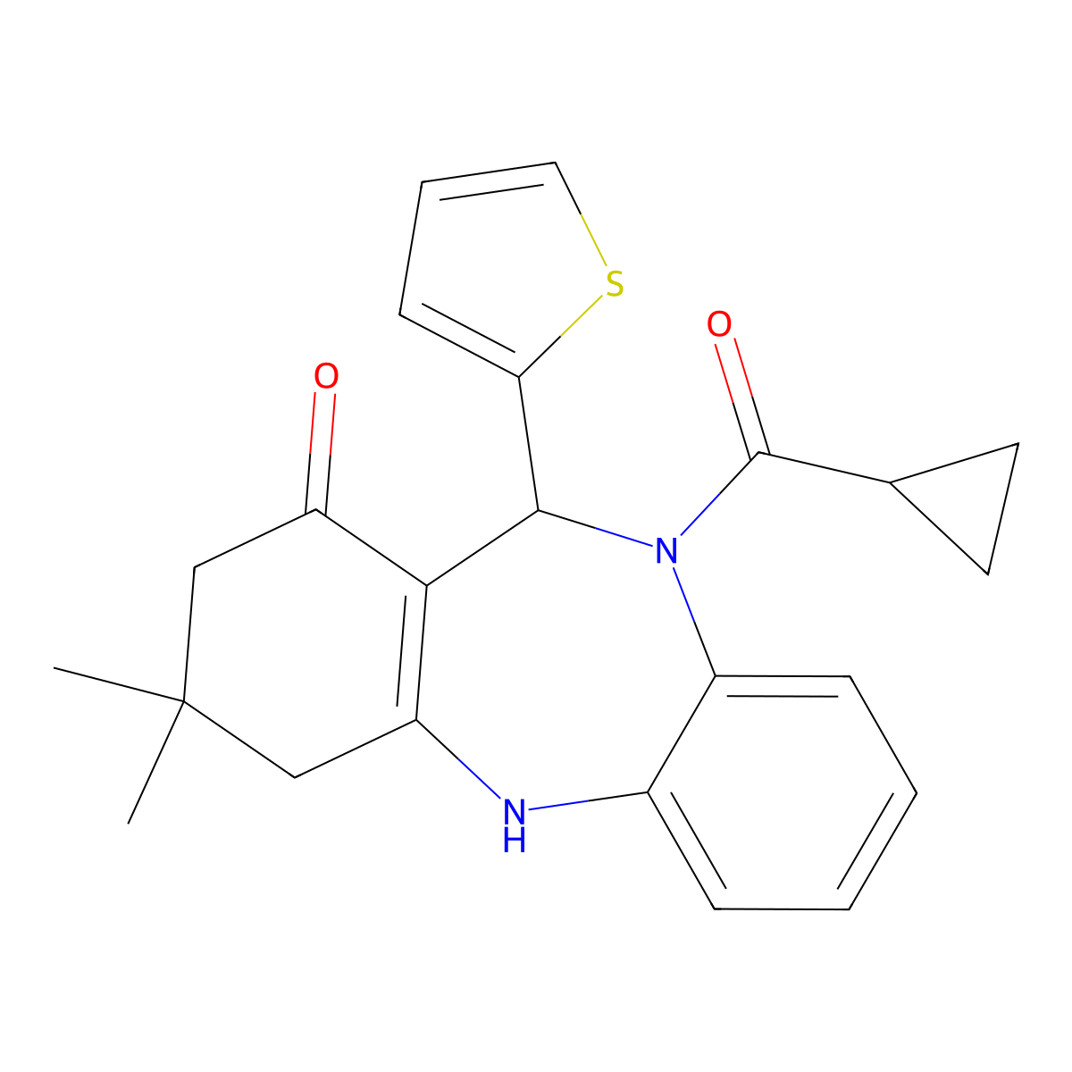 5-(Cyclopropanecarbonyl)-9,9-dimethyl-6-thiophen-2-yl-6,8,10,11-tetrahydrobenzo[b][1,4]benzodiazepin-7-one molecular structure, CAS 351164-66-4