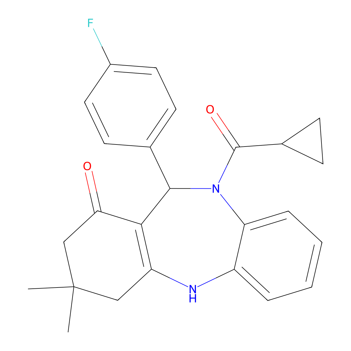 5-(Cyclopropanecarbonyl)-6-(4-fluorophenyl)-9,9-dimethyl-6,8,10,11-tetrahydrobenzo[b][1,4]benzodiazepin-7-one molecular structure, CAS 351164-67-5