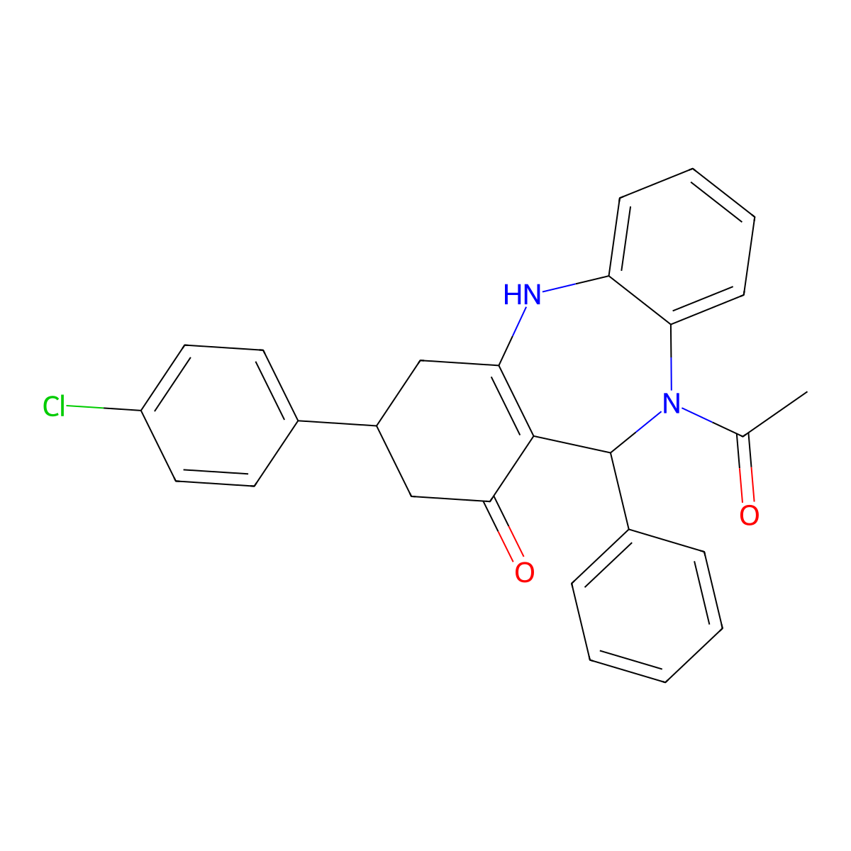10-acetyl-3-(4-chlorophenyl)-11-phenyl-2,3,4,5,10,11-hexahydro-1H-dibenzo[b,e][1,4]diazepin-1-one molecular structure, CAS 351164-84-6