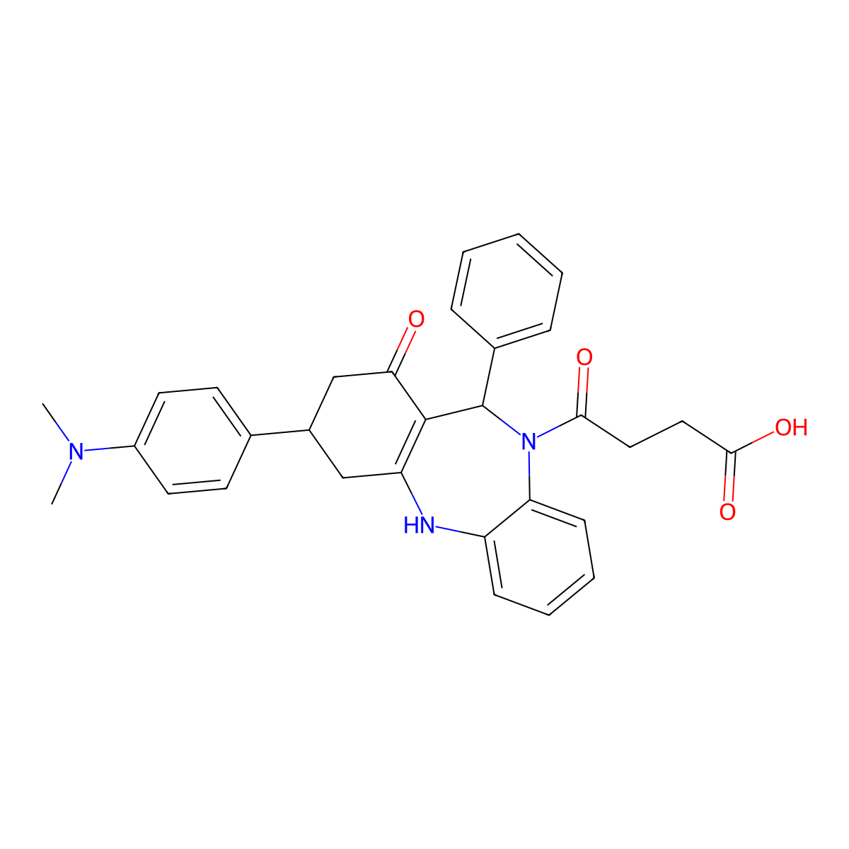 4-{3-[4-(dimethylamino)phenyl]-1-oxo-11-phenyl-1,2,3,4,5,11-hexahydro-10H-dibenzo[b,e][1,4]diazepin-10-yl}-4-oxobutanoic acid molecular structure, CAS 351164-86-8
