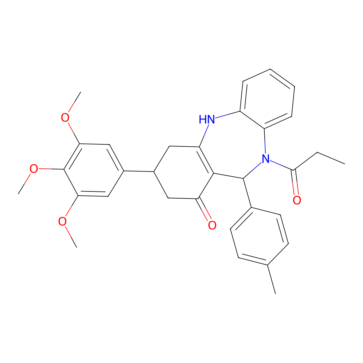 6-(4-methylphenyl)-5-propanoyl-9-(3,4,5-trimethoxyphenyl)-8,9,10,11-tetrahydro-6H-benzo[b][1,4]benzodiazepin-7-one molecular structure, CAS 351164-87-9