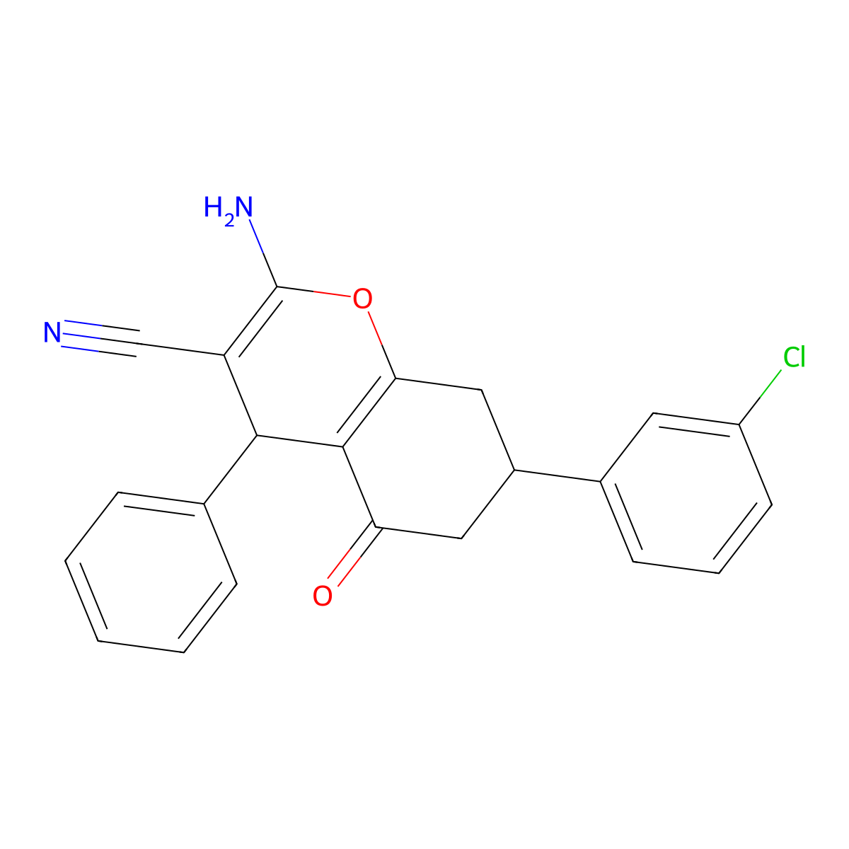 2-amino-7-(3-chlorophenyl)-5-oxo-4-phenyl-5,6,7,8-tetrahydro-4H-chromene-3-carbonitrile molecular structure, CAS 351165-07-6