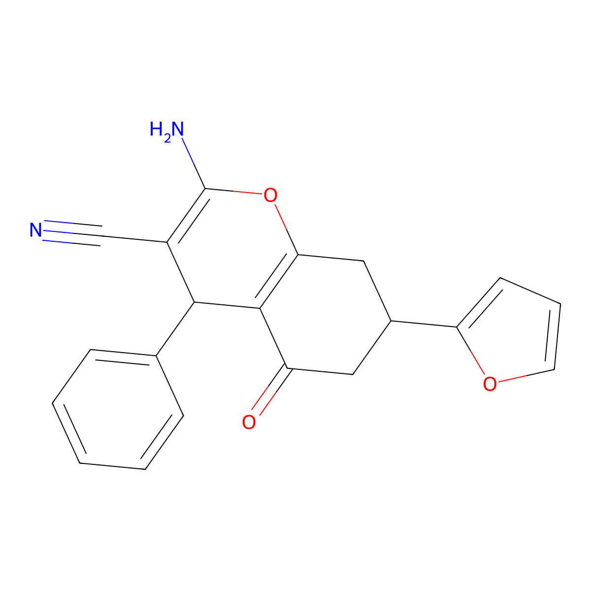 2-Amino-7-(furan-2-yl)-5-oxo-4-phenyl-4,6,7,8-tetrahydrochromene-3-carbonitrile molecular structure, CAS 351165-13-4