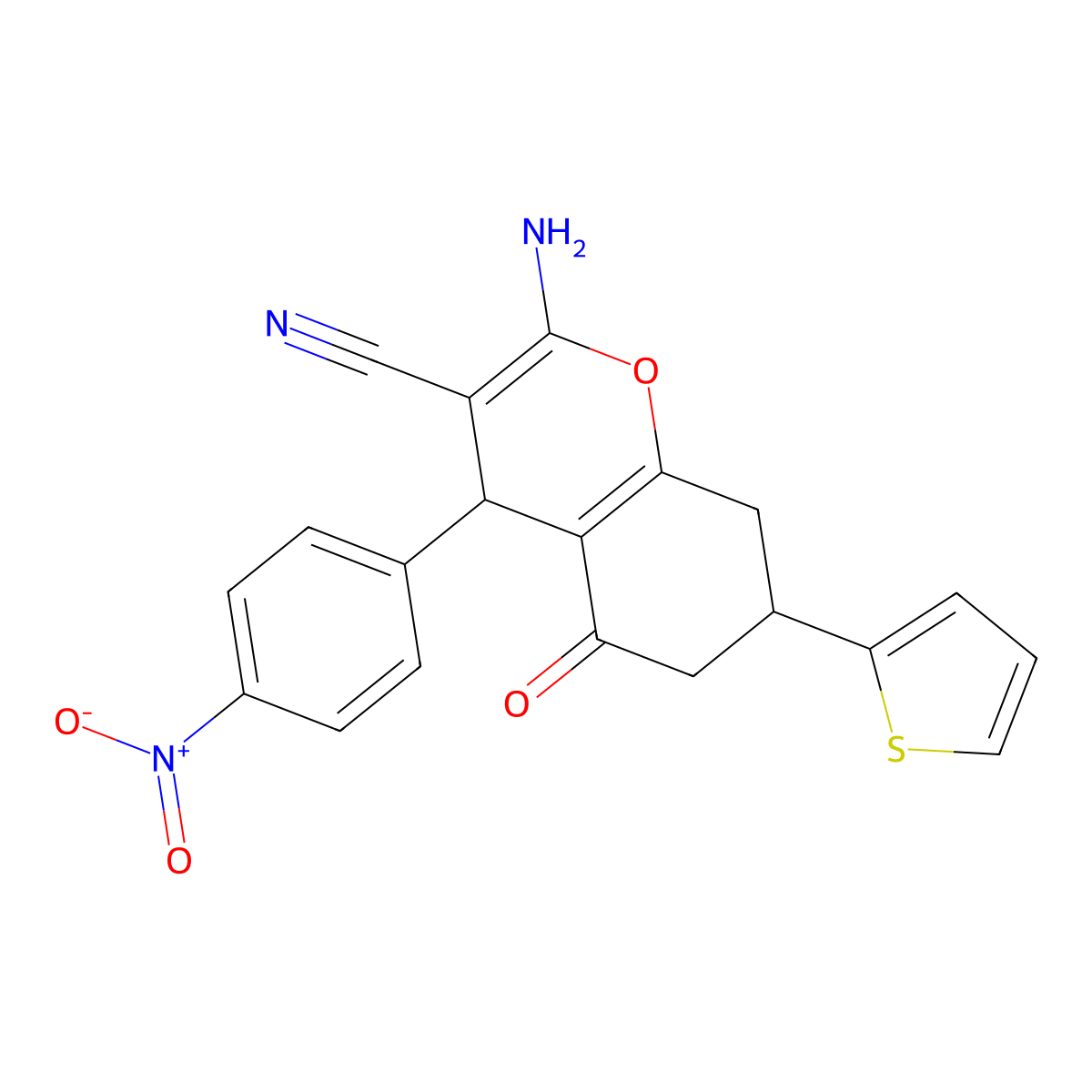 2-Amino-4-(4-nitrophenyl)-5-oxo-7-thiophen-2-yl-4,6,7,8-tetrahydrochromene-3-carbonitrile molecular structure, CAS 351165-17-8