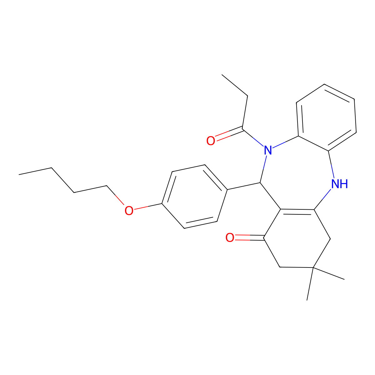 11-(4-butoxyphenyl)-3,3-dimethyl-10-propionyl-2,3,4,5,10,11-hexahydro-1H-dibenzo[b,e][1,4]diazepin-1-one molecular structure, CAS 351165-77-0