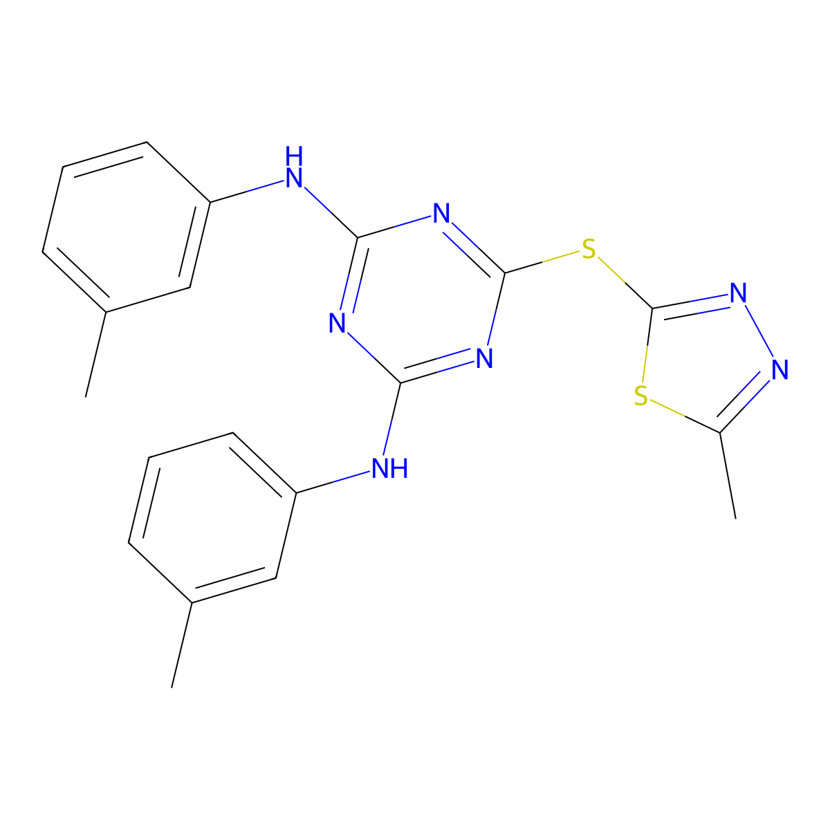 N,N'-bis(3-methylphenyl)-6-[(5-methyl-1,3,4-thiadiazol-2-yl)sulfanyl]-1,3,5-triazine-2,4-diamine molecular structure, CAS 351190-14-2