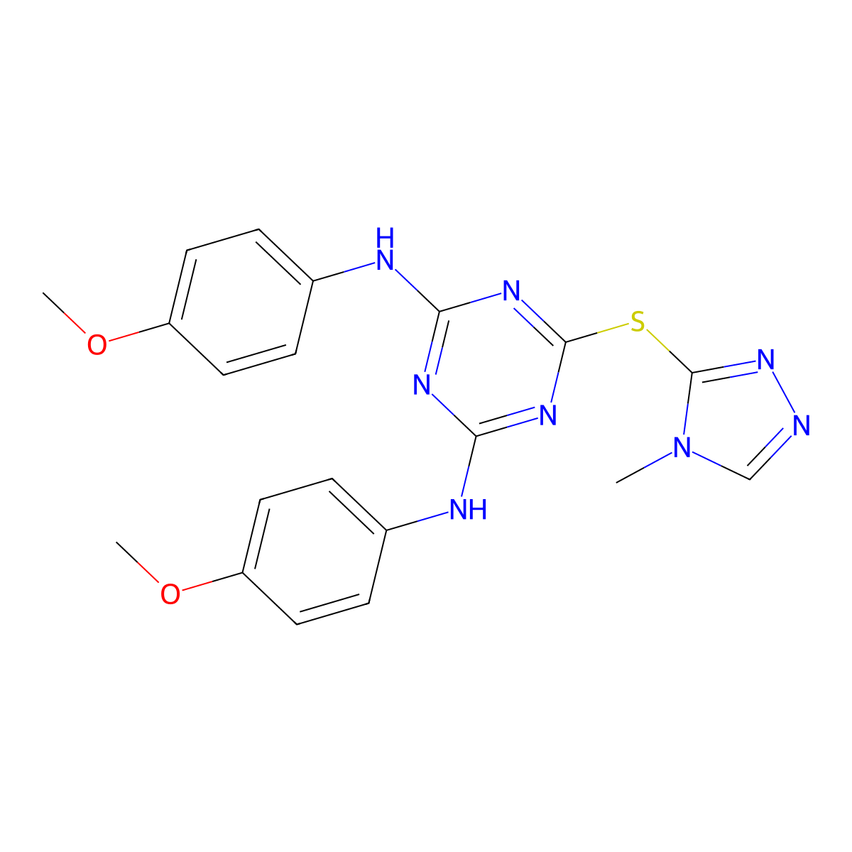 N,N'-bis(4-methoxyphenyl)-6-[(4-methyl-4H-1,2,4-triazol-3-yl)sulfanyl]-1,3,5-triazine-2,4-diamine molecular structure, CAS 351190-25-5