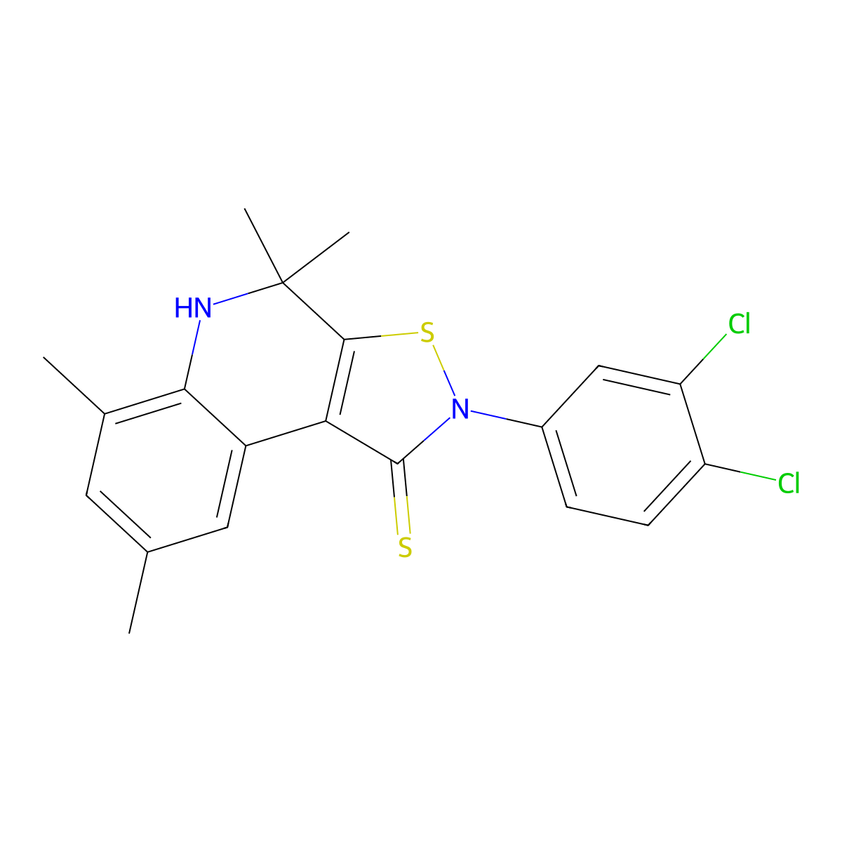 2-(3,4-dichlorophenyl)-4,4,6,8-tetramethyl-4,5-dihydroisothiazolo[5,4-c]quinoline-1(2H)-thione molecular structure, CAS 351191-29-2
