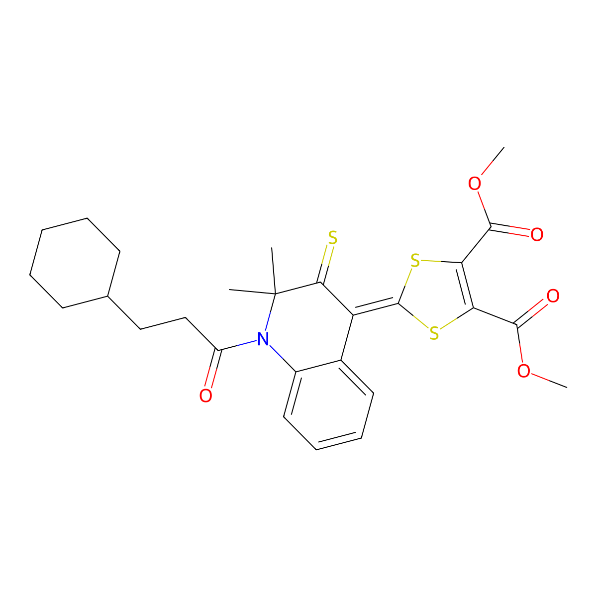 dimethyl 2-(1-(3-cyclohexylpropanoyl)-2,2-dimethyl-3-thioxo-2,3-dihydro-4(1H)-quinolinylidene)-1,3-dithiole-4,5-dicarboxylate molecular structure, CAS 351192-05-7