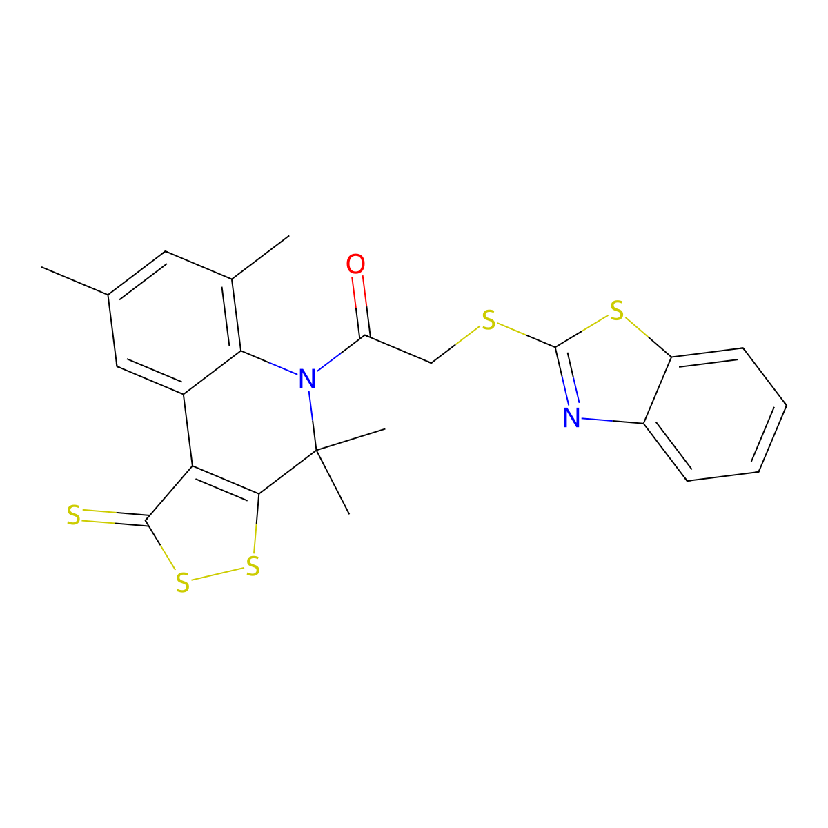 2-(1,3-Benzothiazol-2-ylsulfanyl)-1-(4,4,6,8-tetramethyl-1-sulfanylidenedithiolo[3,4-c]quinolin-5-yl)ethanone molecular structure, CAS 351192-46-6
