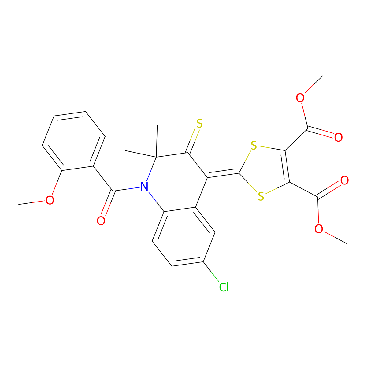 dimethyl 2-(6-chloro-1-(2-methoxybenzoyl)-2,2-dimethyl-3-thioxo-2,3-dihydro-4(1H)-quinolinylidene)-1,3-dithiole-4,5-dicarboxylate molecular structure, CAS 351193-06-1