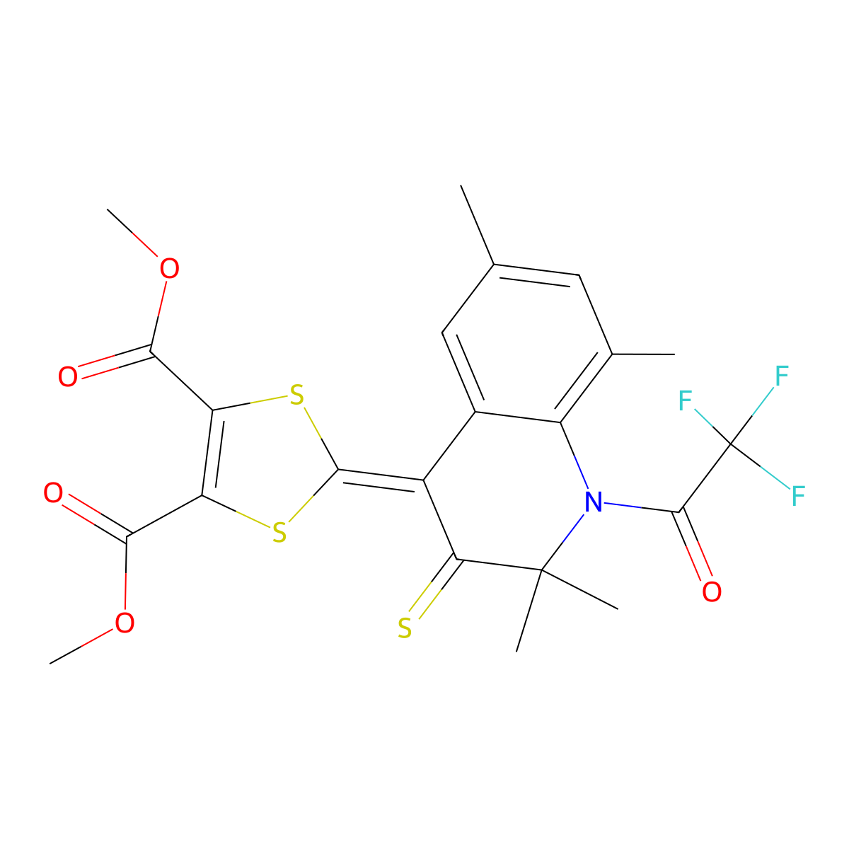Dimethyl 2-[2,2,6,8-tetramethyl-3-sulfanylidene-1-(2,2,2-trifluoroacetyl)quinolin-4-ylidene]-1,3-dithiole-4,5-dicarboxylate molecular structure, CAS 351224-75-4