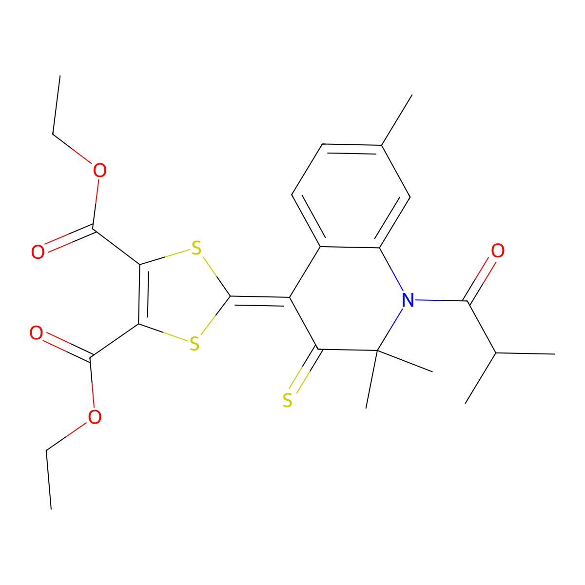 Diethyl 2-[2,2,7-trimethyl-1-(2-methylpropanoyl)-3-sulfanylidenequinolin-4-ylidene]-1,3-dithiole-4,5-dicarboxylate molecular structure, CAS 351224-76-5