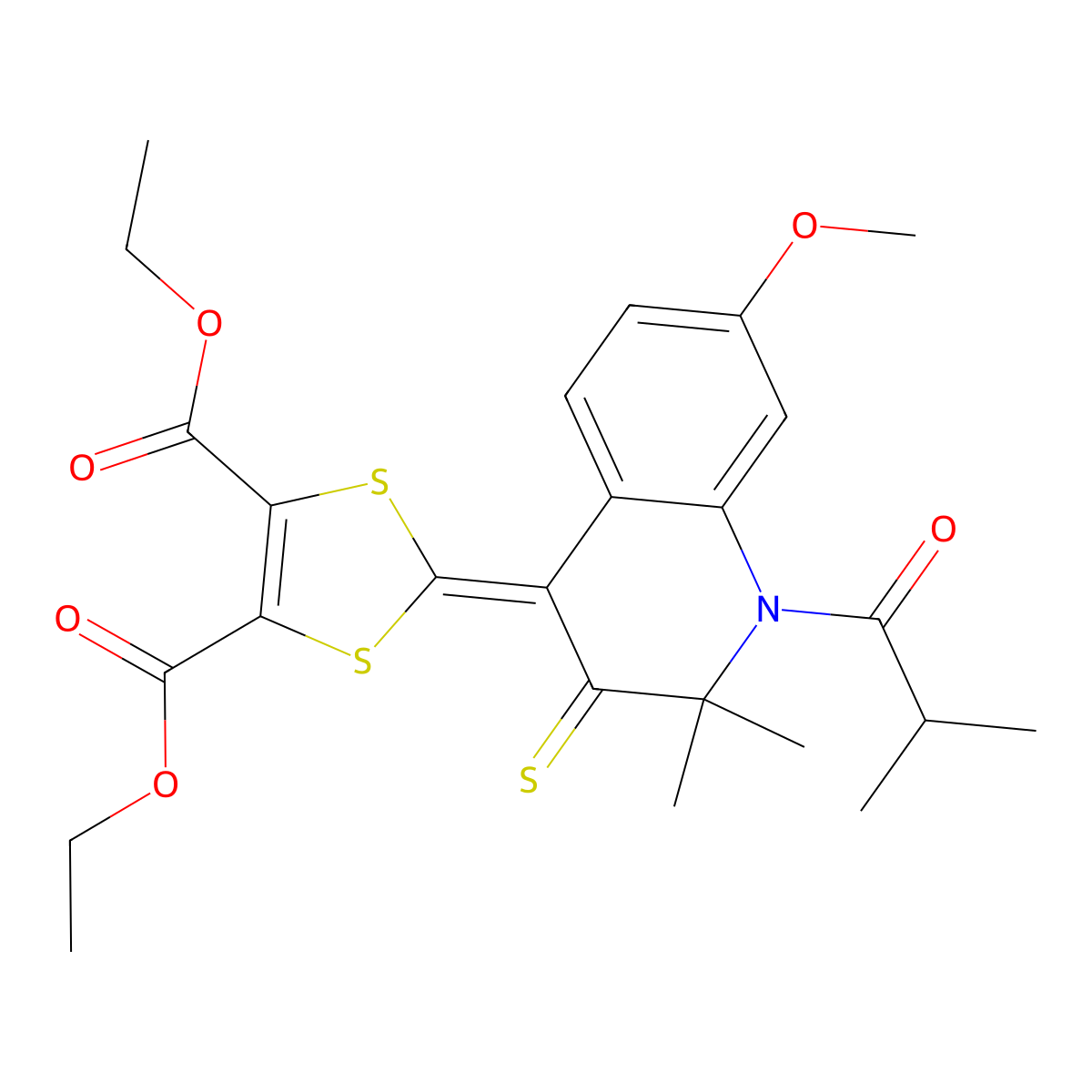 Diethyl 2-[7-methoxy-2,2-dimethyl-1-(2-methylpropanoyl)-3-sulfanylidenequinolin-4-ylidene]-1,3-dithiole-4,5-dicarboxylate molecular structure, CAS 351224-77-6