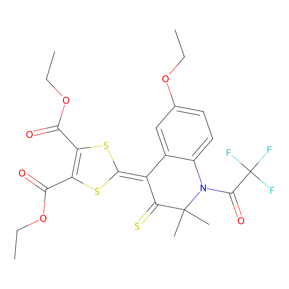 diethyl 2-(6-ethoxy-2,2-dimethyl-3-thioxo-1-(trifluoroacetyl)-2,3-dihydroquinolin-4(1H)-ylidene)-1,3-dithiole-4,5-dicarboxylate molecular structure, CAS 351224-86-7