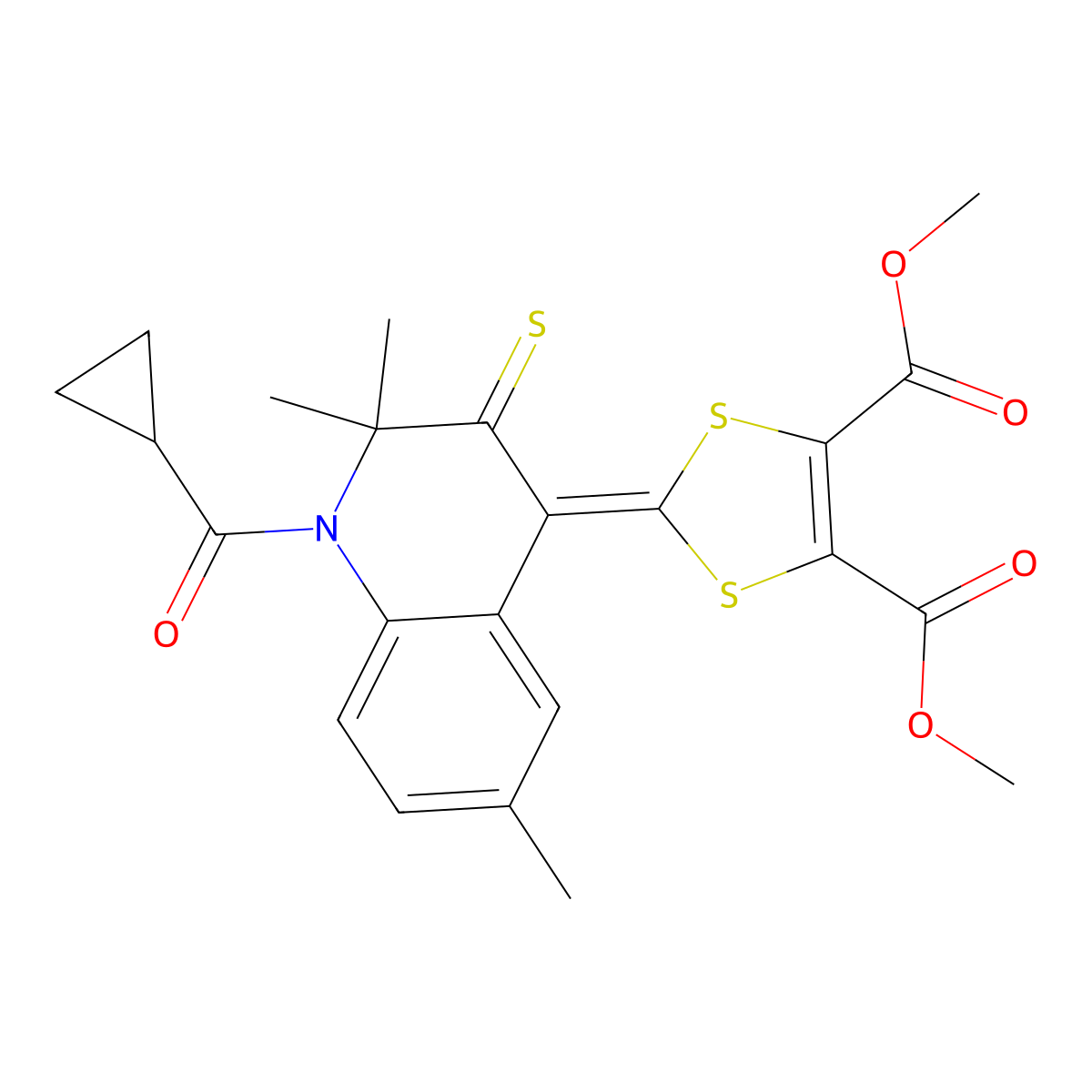 Dimethyl 2-[1-(cyclopropanecarbonyl)-2,2,6-trimethyl-3-sulfanylidenequinolin-4-ylidene]-1,3-dithiole-4,5-dicarboxylate molecular structure, CAS 351224-87-8