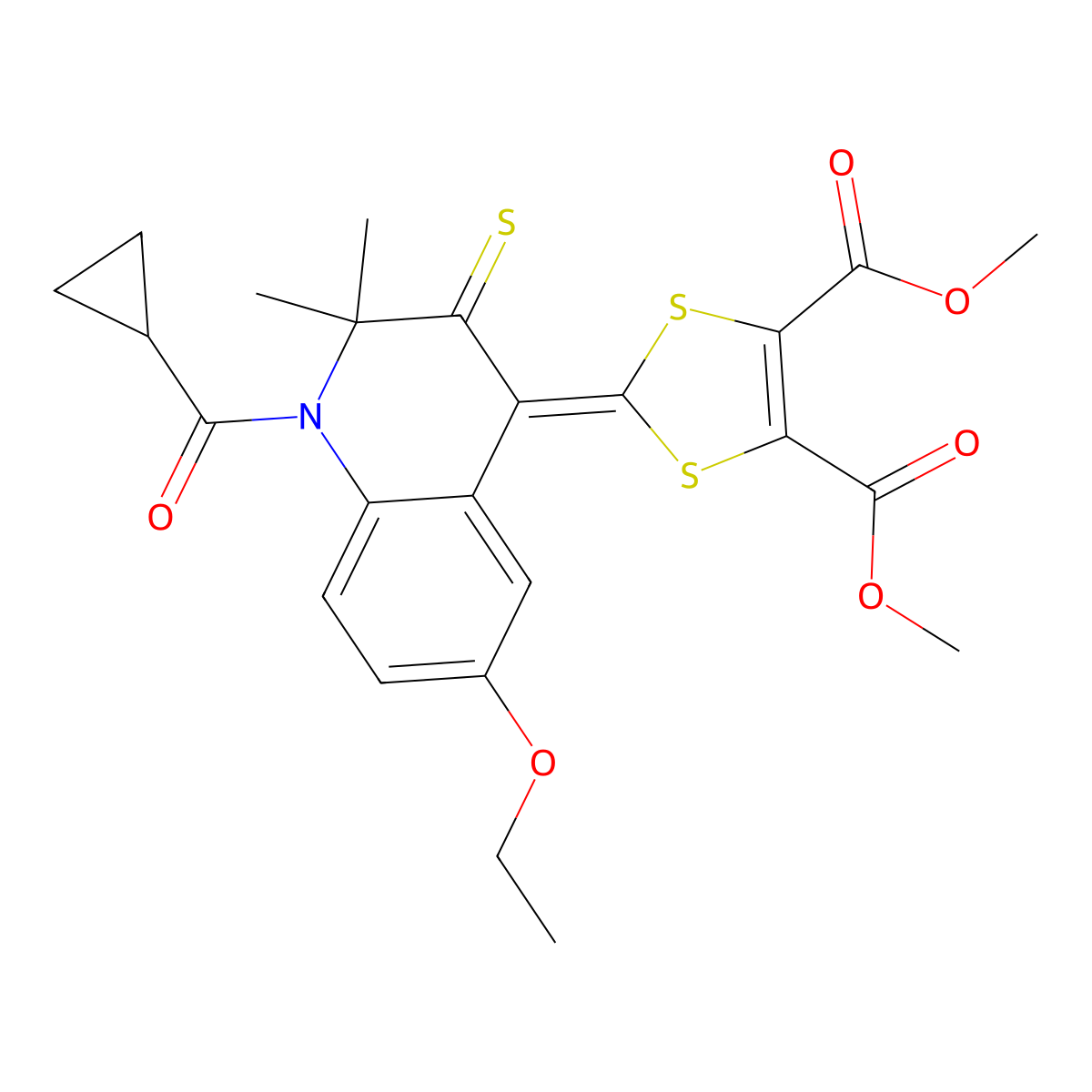 Dimethyl 2-[1-(cyclopropanecarbonyl)-6-ethoxy-2,2-dimethyl-3-sulfanylidenequinolin-4-ylidene]-1,3-dithiole-4,5-dicarboxylate molecular structure, CAS 351224-88-9