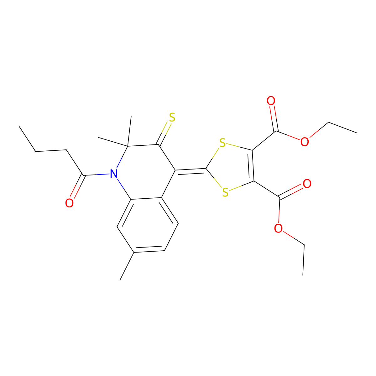 Diethyl 2-(1-butanoyl-2,2,7-trimethyl-3-sulfanylidenequinolin-4-ylidene)-1,3-dithiole-4,5-dicarboxylate molecular structure, CAS 351224-89-0