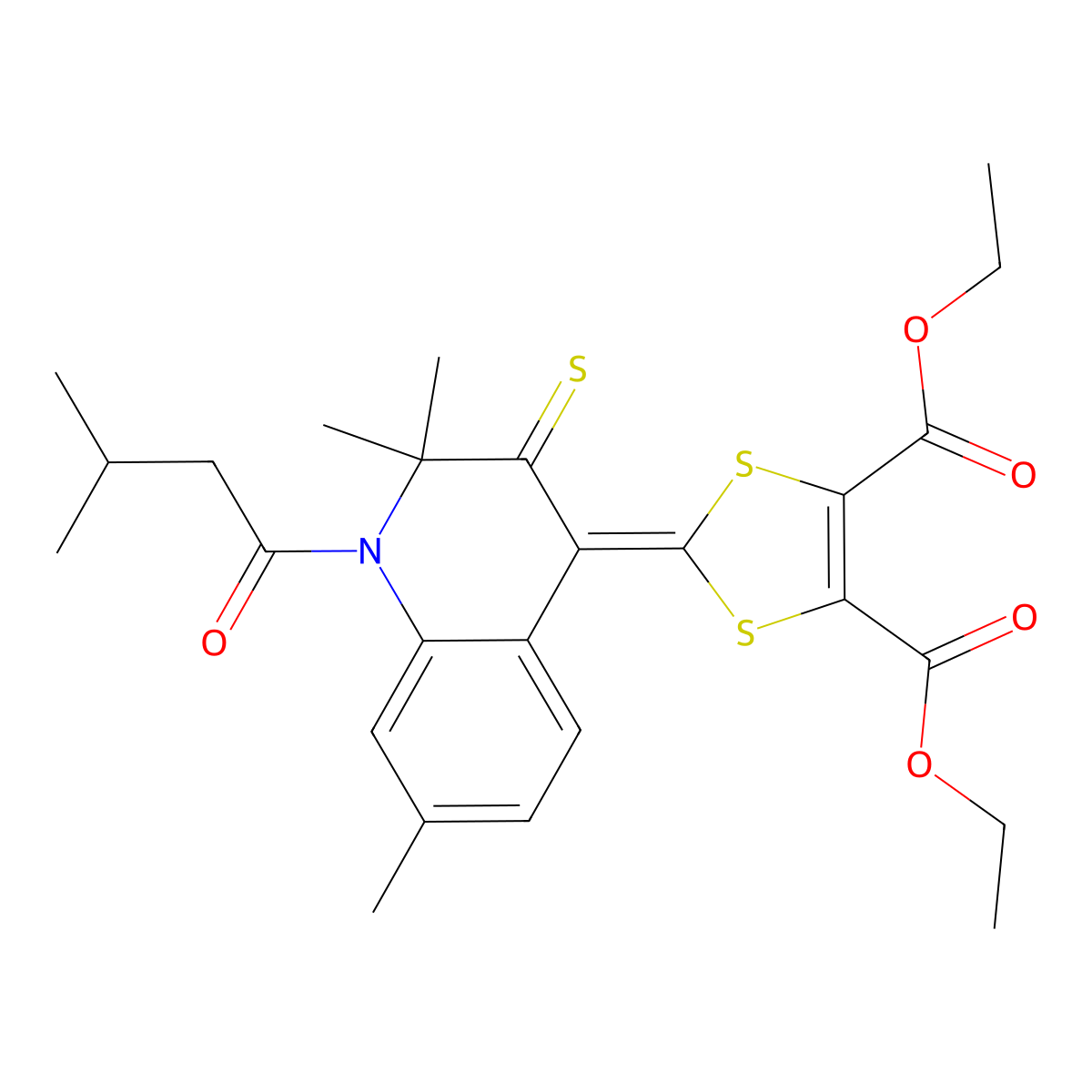 Diethyl 2-[2,2,7-trimethyl-1-(3-methylbutanoyl)-3-sulfanylidenequinolin-4-ylidene]-1,3-dithiole-4,5-dicarboxylate molecular structure, CAS 351224-90-3