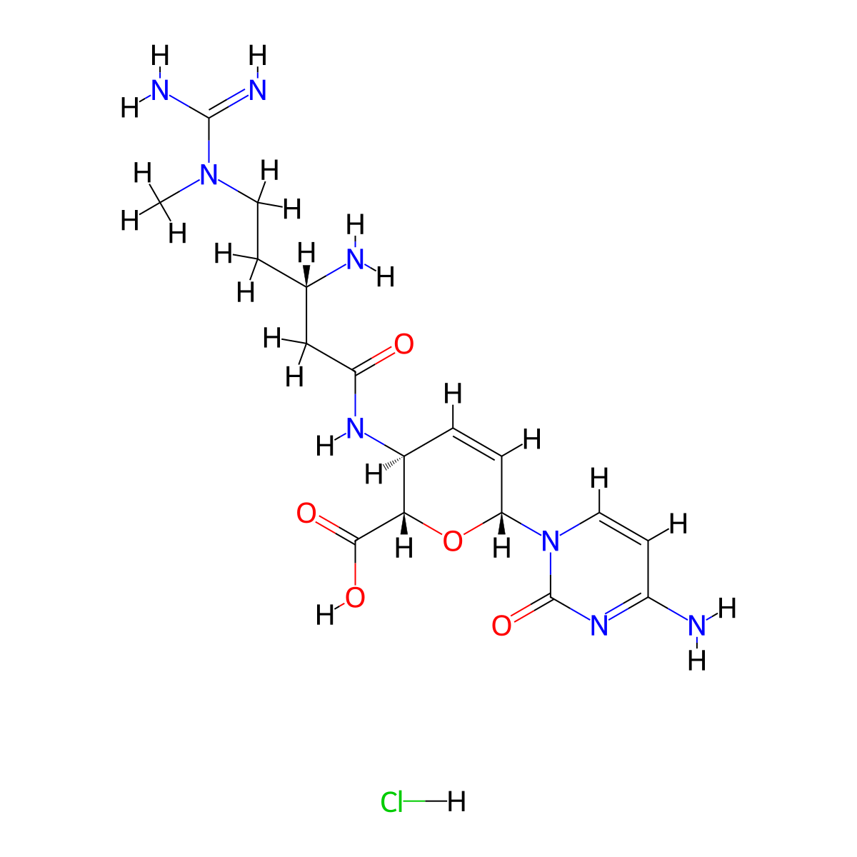 beta-D-erythro-Hex-2-enopyranuronic acid, 4-(((3S)-3-amino-5-((aminoiminomethyl)methylamino)-1-oxopentyl)amino)-1-(4-amino-2-oxo-1(2H)-pyrimidinyl)-1,2,3,4-tetradeoxy-, hydrochloride (1:1) molecular structure, CAS 3513-03-9
