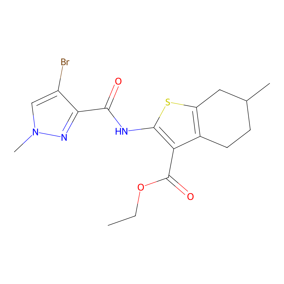 ethyl 2-{[(4-bromo-1-methyl-1H-pyrazol-3-yl)carbonyl]amino}-6-methyl-4,5,6,7-tetrahydro-1-benzothiophene-3-carboxylate molecular structure, CAS 351333-00-1